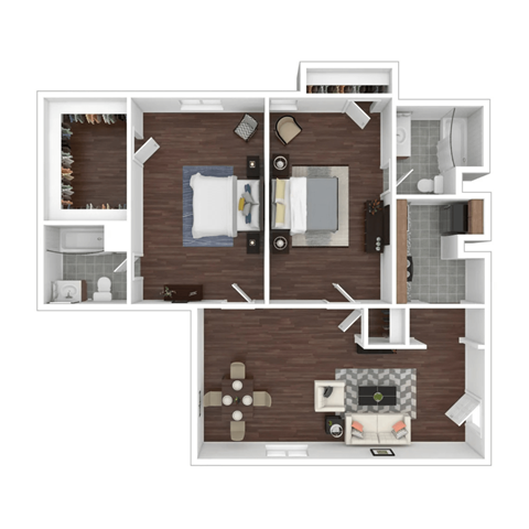 A top down view of a small apartment with a kitchen, living room, and bathroom.